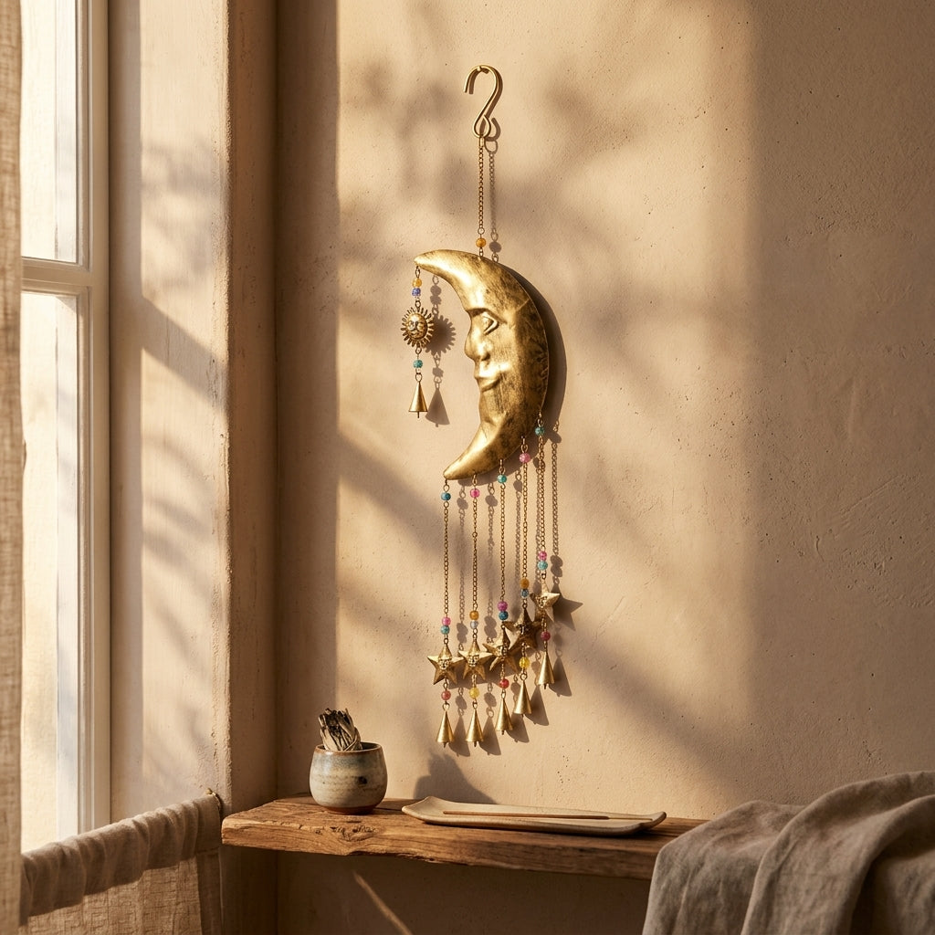 Celestial Harmony Brass Moon Chime Wall Hanging