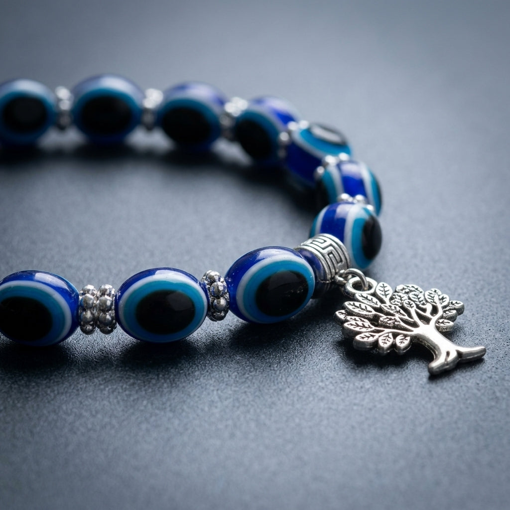 Handmade Blue Evil Eye & Tree of Life Charm Beaded Bracelet | Grounding & Protection Jewelry