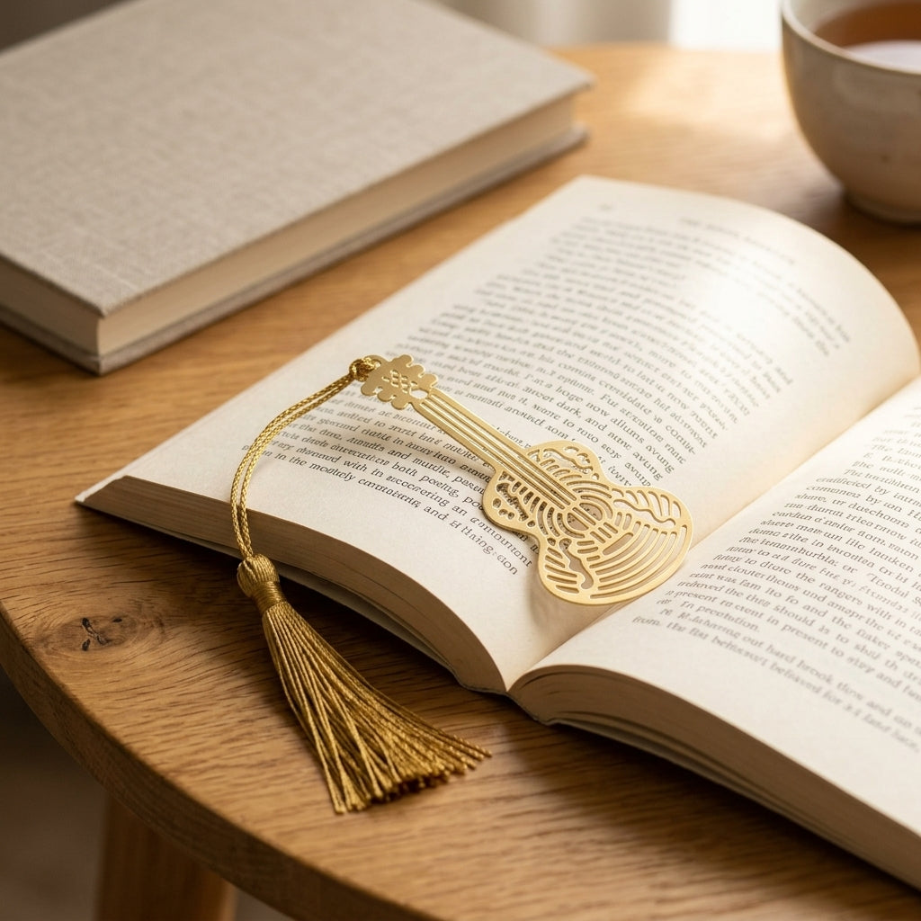 Elegant Gold Metal Guitar Bookmark with Tassel