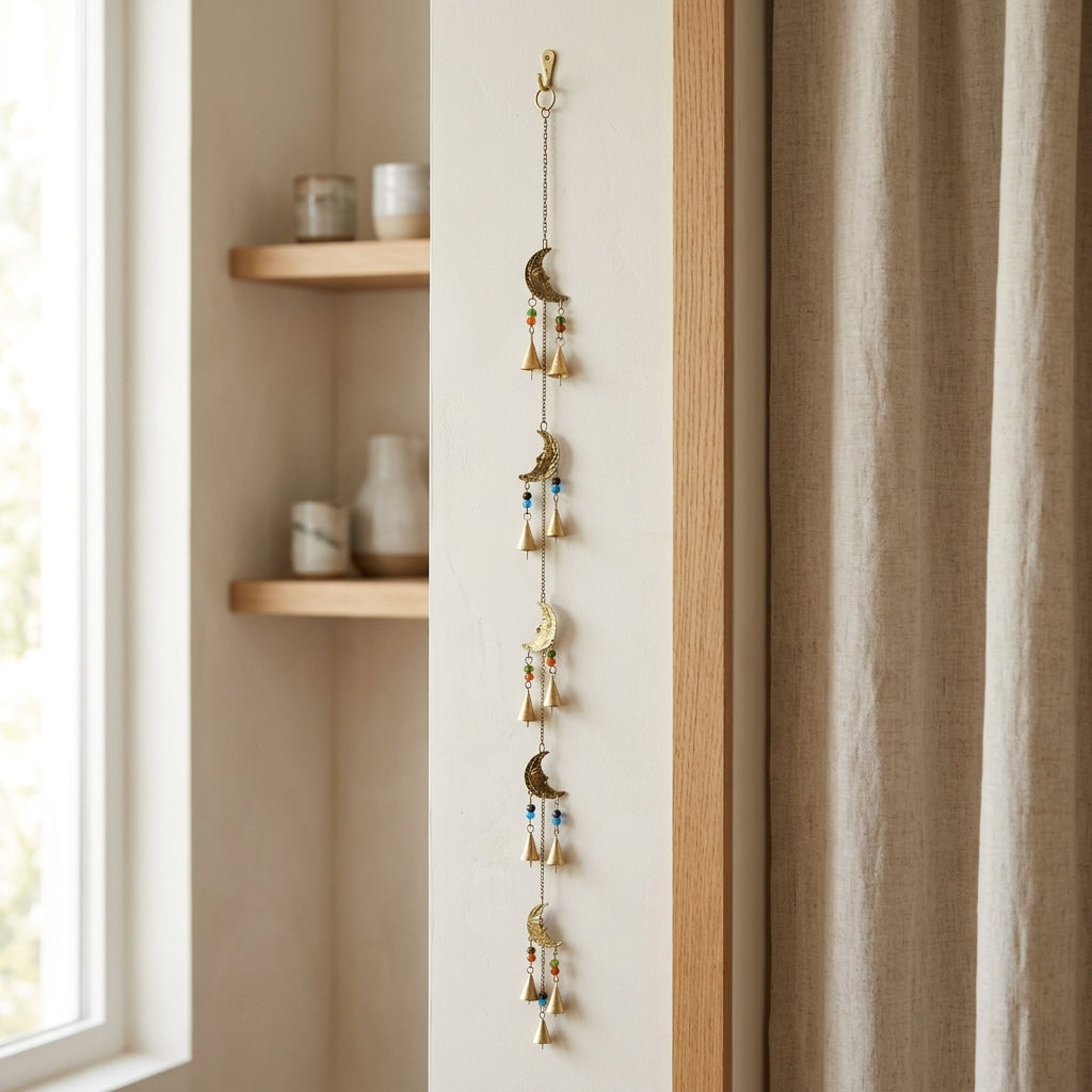Crescent Moon Phase Wall Hanging with Chimes & Beads | Witchy Boho Decor