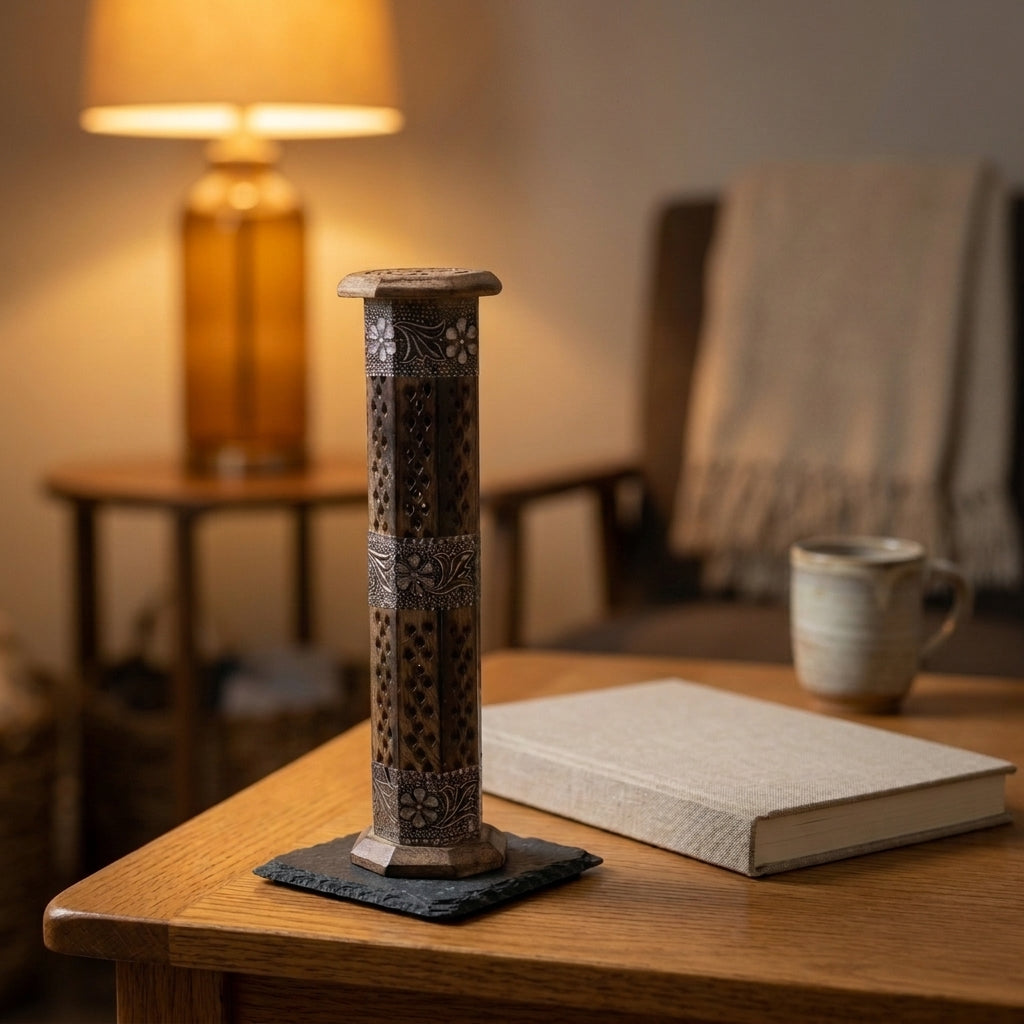 Handcrafted Wooden Incense Tower Burner with Floral Metal Inlays