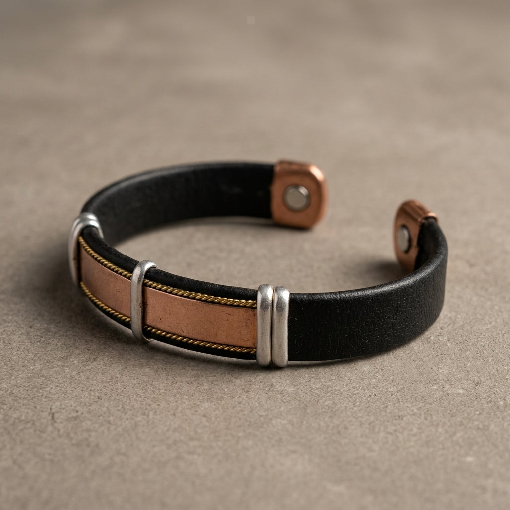 Artisan Copper & Leather Magnetic Cuff Bracelet