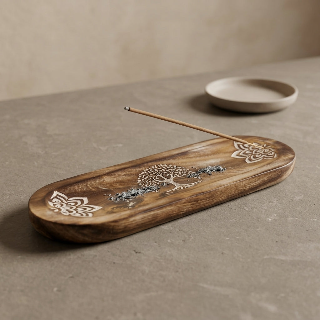 Handcarved Tree of Life & Lotus Wooden Incense Burner Tray | Ash Catcher Holder