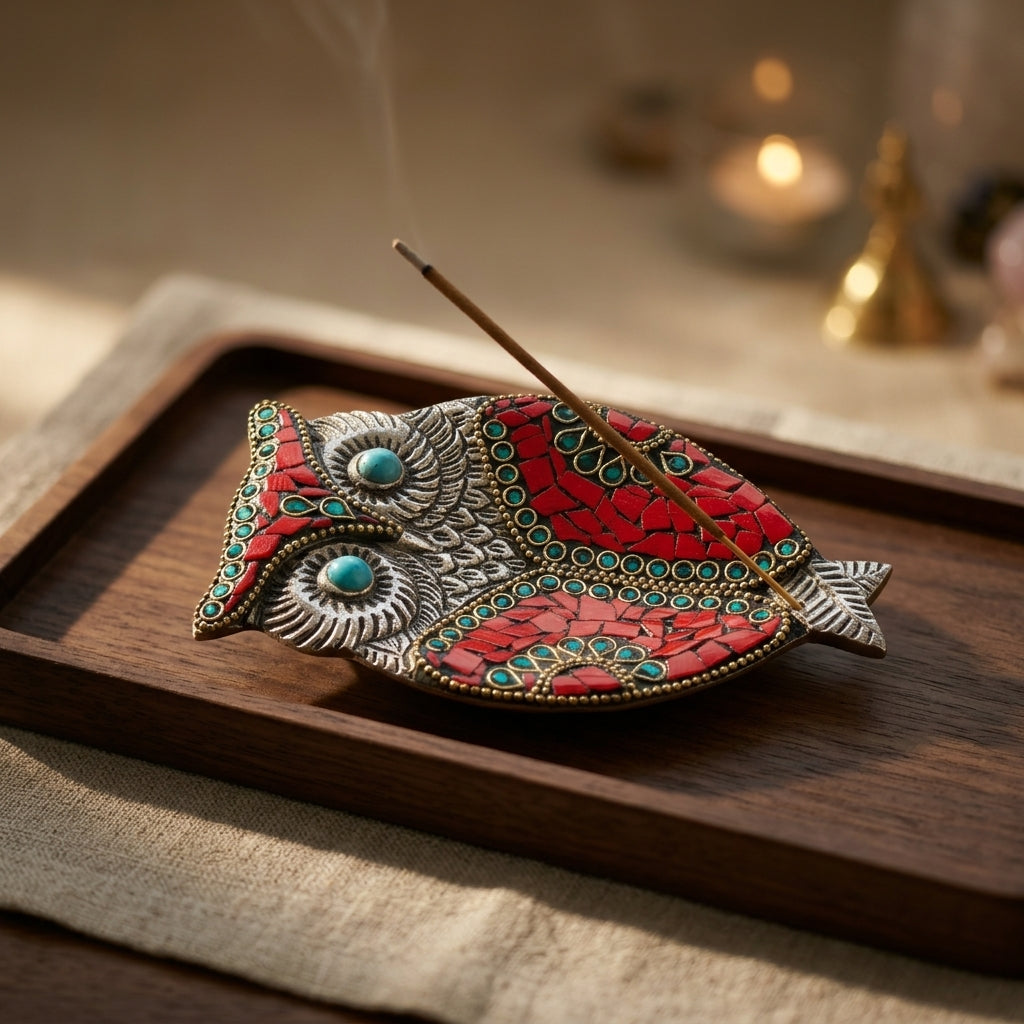 Jeweled Owl Incense Holder – Red Mosaic & Turquoise Spiritual Decor