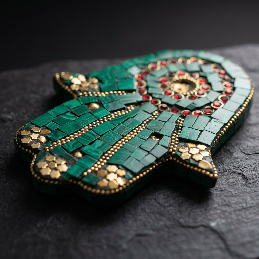 Mosaic Hamsa Hand Incense Holder – Teal Green & Gold Spiritual Decor
