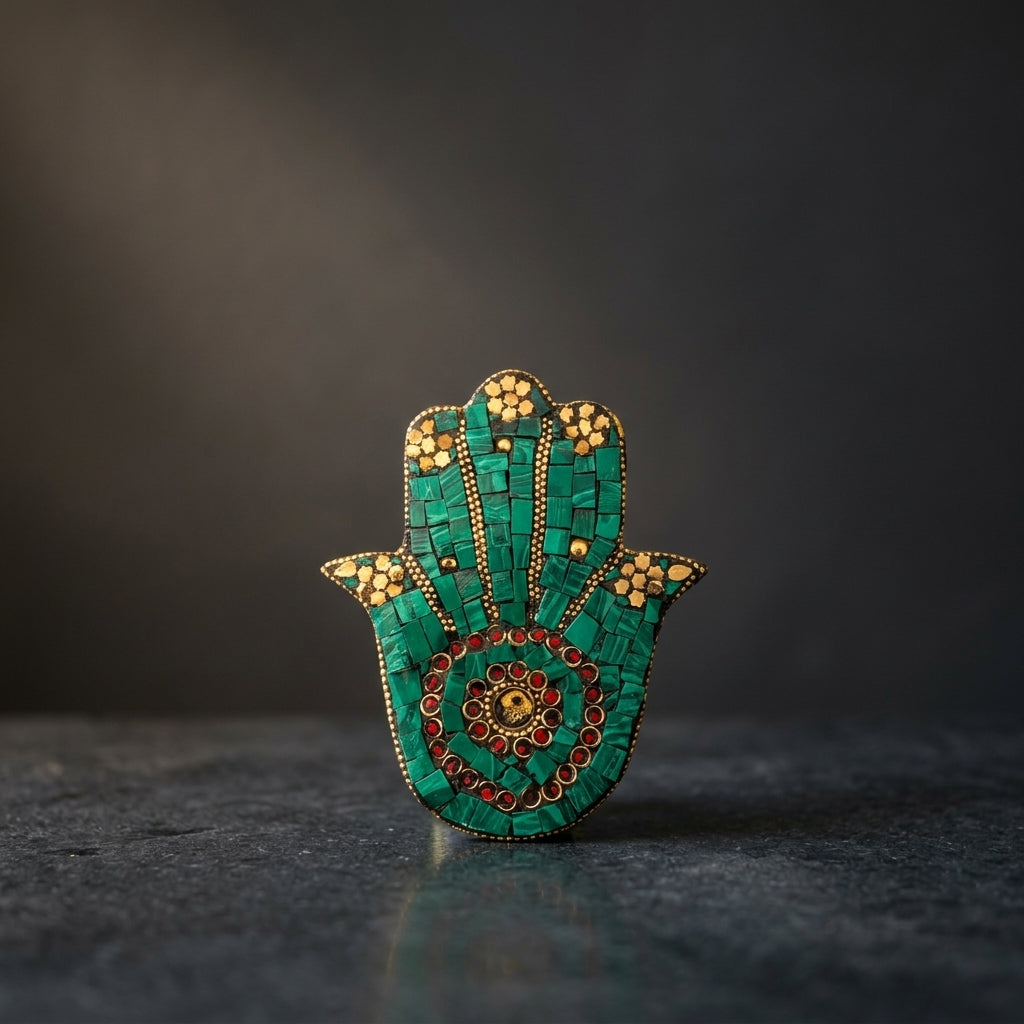 Mosaic Hamsa Hand Incense Holder – Teal Green & Gold Spiritual Decor