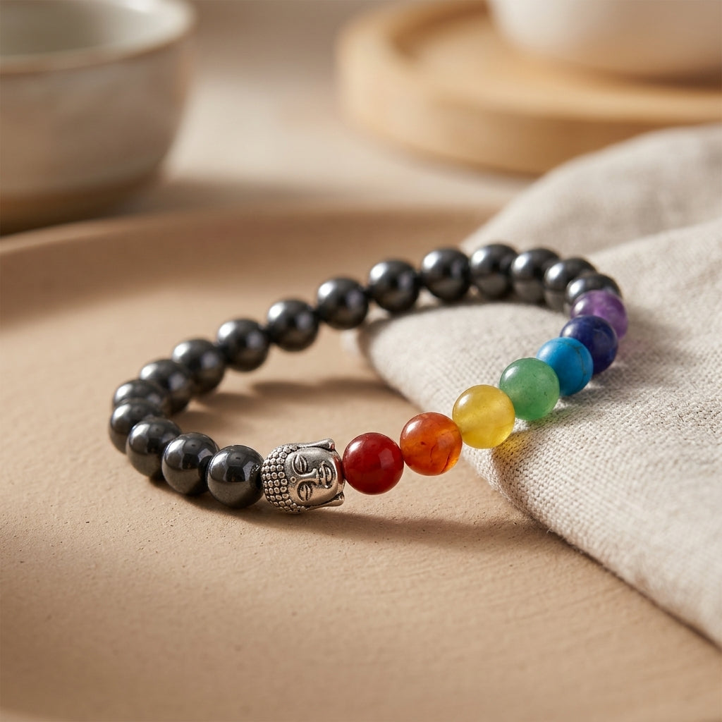 Natural Hematite 7 Chakra Buddha Bracelet | Genuine Shiny Gunmetal Grounding Beads with Silver Buddha Head | Unisex Spiritual Jewelry for Protection, Focus, & Balance