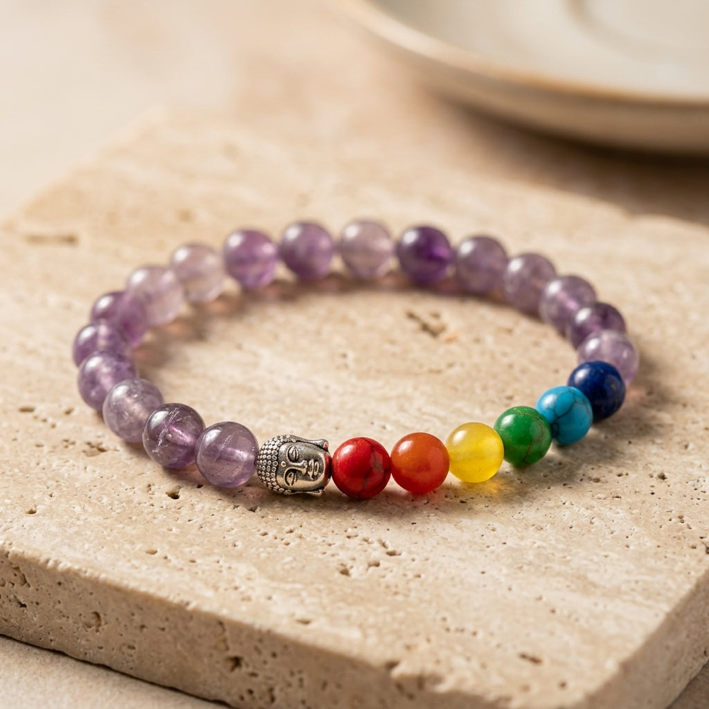 Natural Amethyst 7 Chakra Buddha Bracelet | Genuine Purple Quartz Healing Beads with Silver Buddha Head | Unisex Spiritual Jewelry for Calming, Mindfulness, & Peace