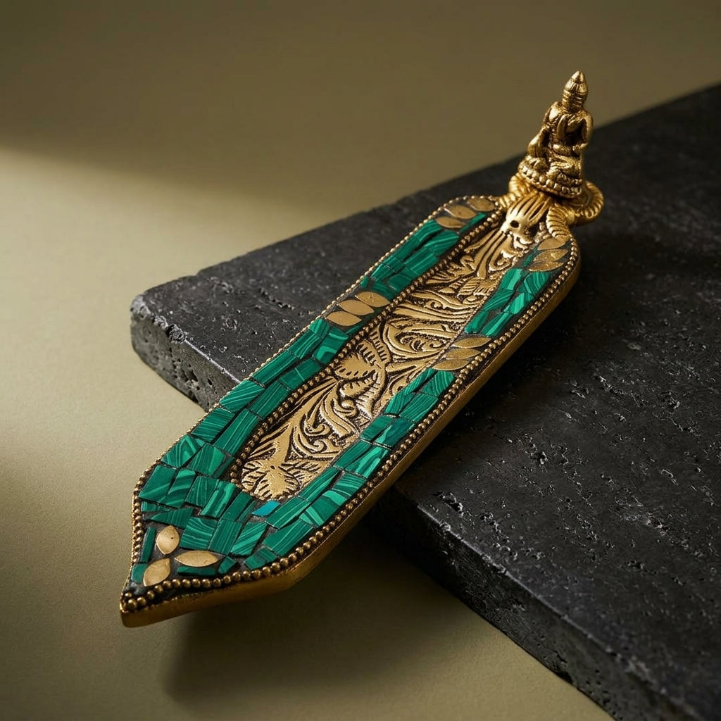 Mosaic Buddha Incense Boat Holder – Malachite Green & Gold Sacred Decor