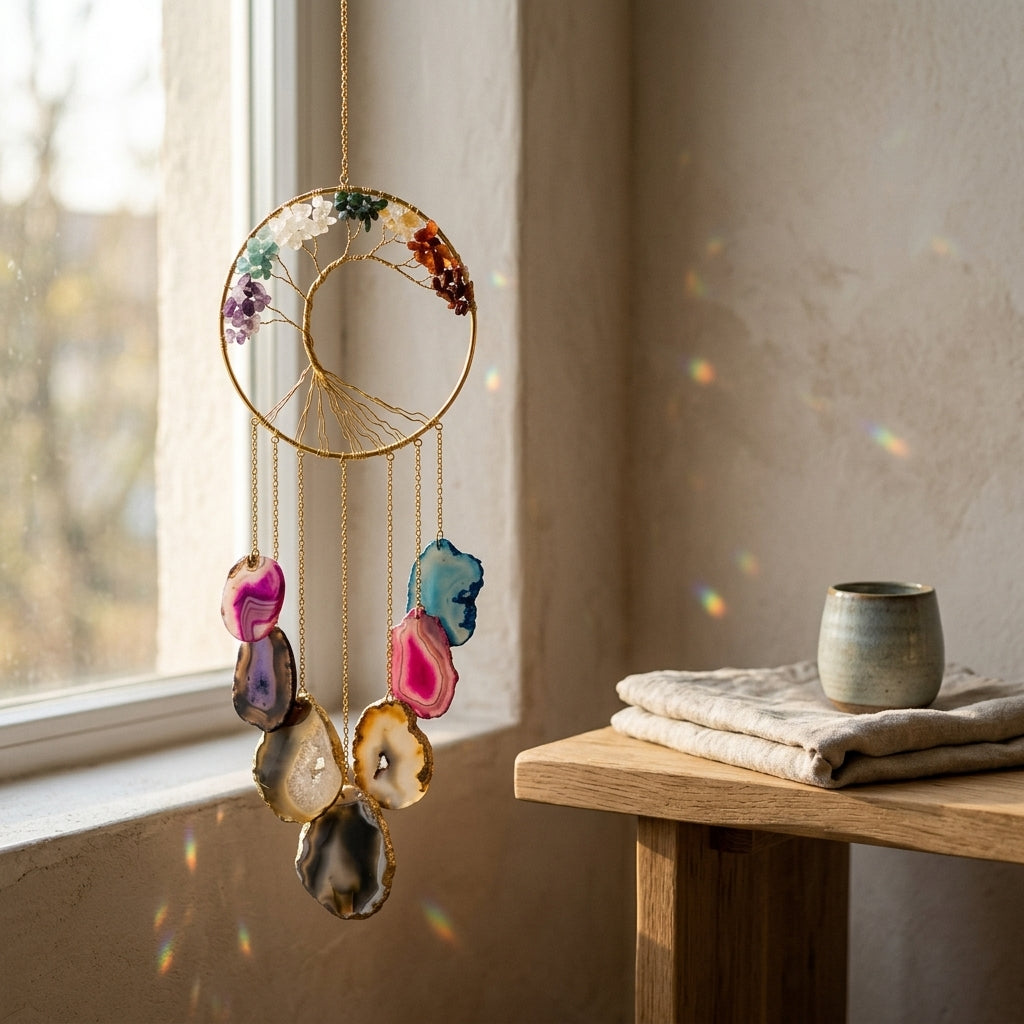 Crescent Moon Tree of Life & Agate Slice Wind Chime
