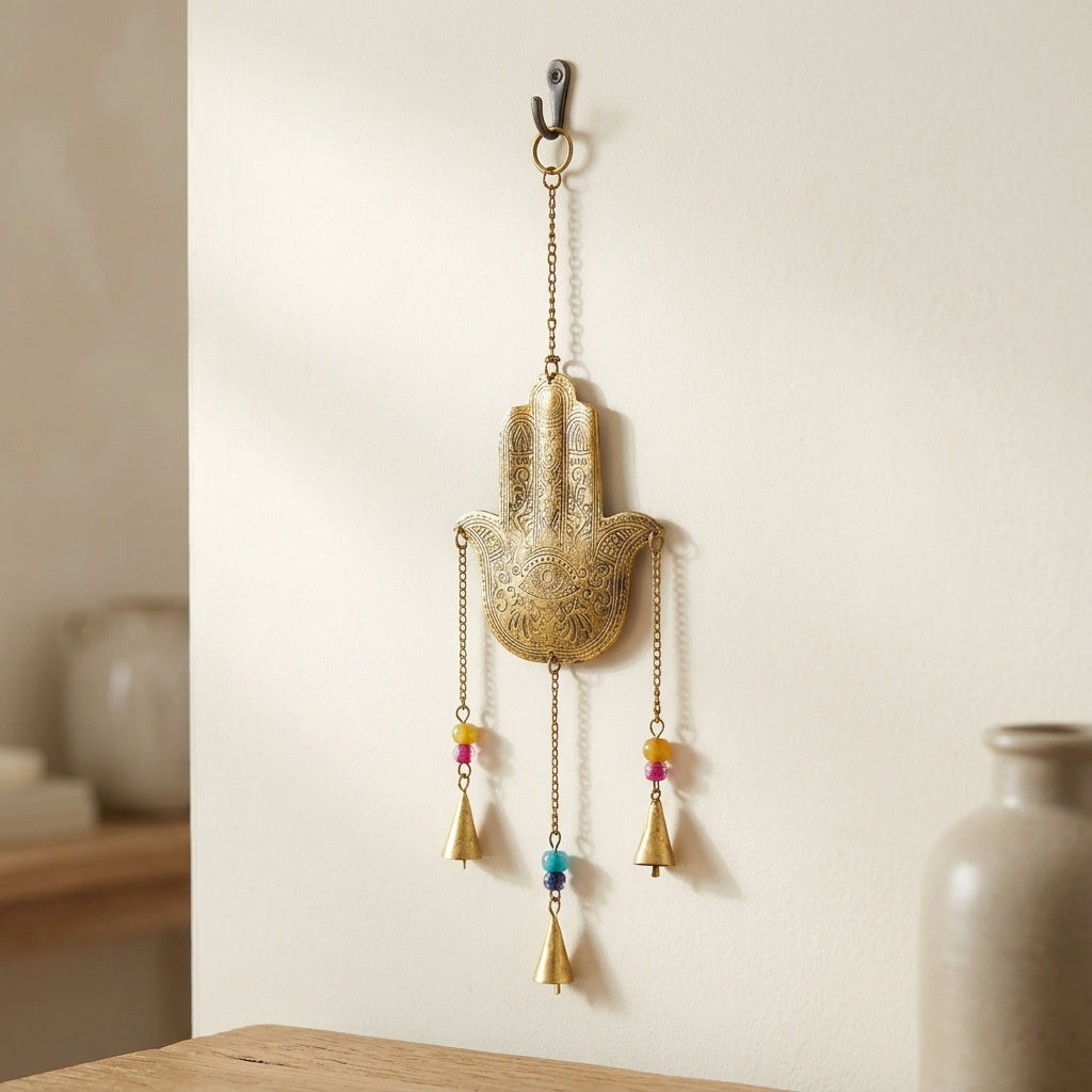 Gold Hamsa Hand Wall Hanging with Bells & Beads | Protective Boho Decor