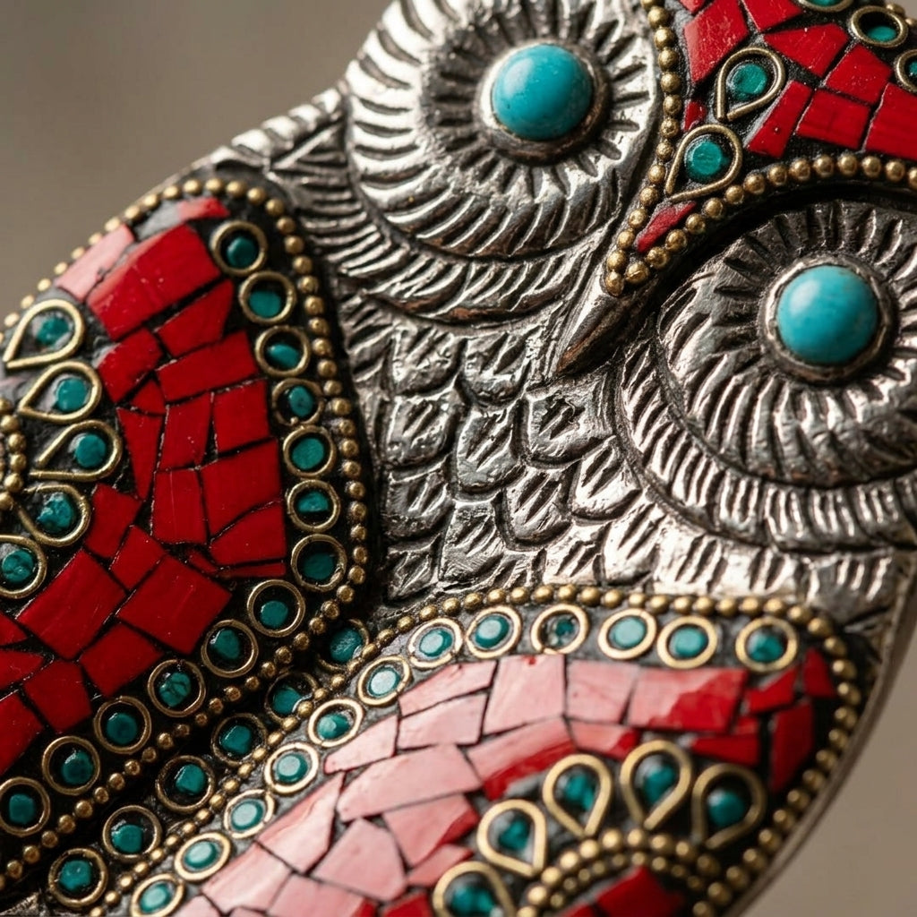 Jeweled Owl Incense Holder – Red Mosaic & Turquoise Spiritual Decor