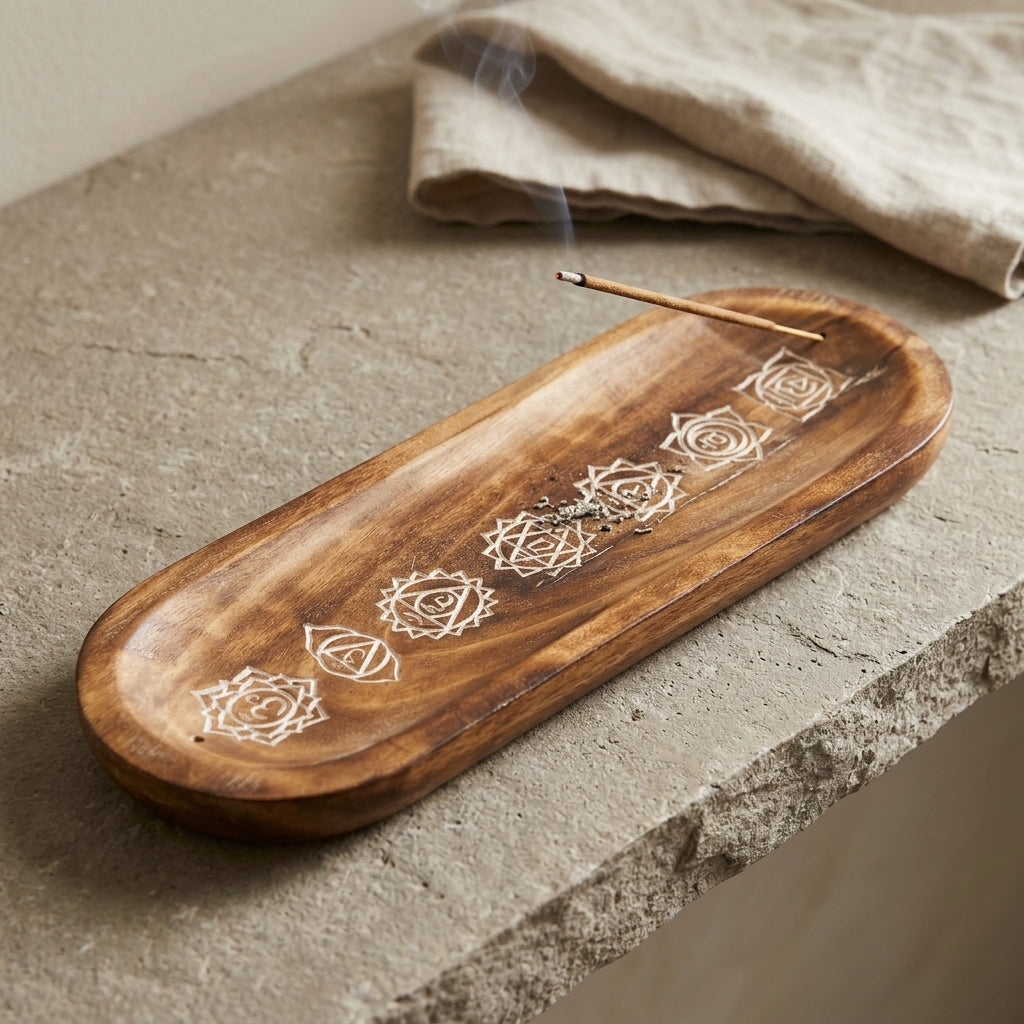 Handcarved 7 Chakra Symbols Wooden Incense Burner Tray | Dual Stick & Smudge Ash Catcher
