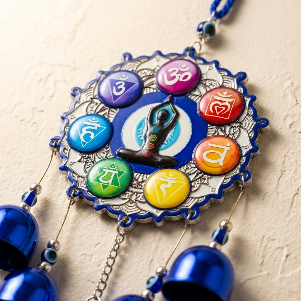 7 Chakra Symbols & Meditating Figure Evil Eye Wind Chime | Sacred Geometry Wall Hanging