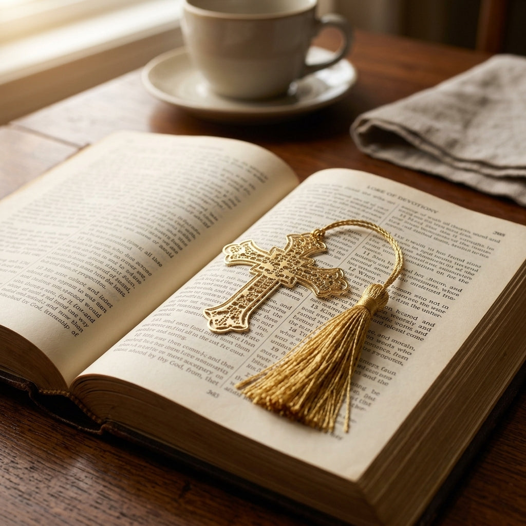Elegant Gold Metal Cross Bookmark with Tassel