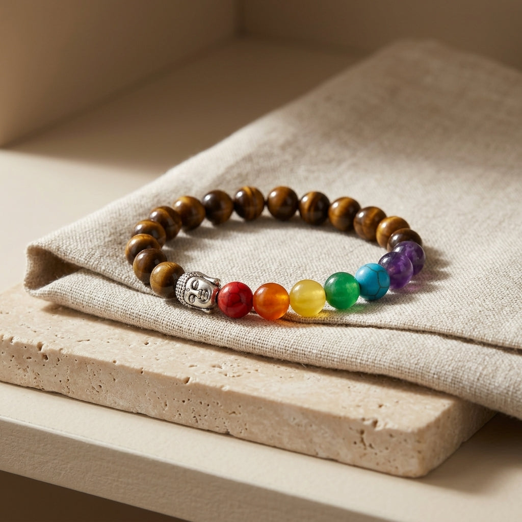 Natural Tiger's Eye 7 Chakra Buddha Bracelet | Genuine Healing Gemstone Beads with Silver Buddha Head | Unisex Spiritual Jewelry for Protection, Balance, & Mindful Yoga