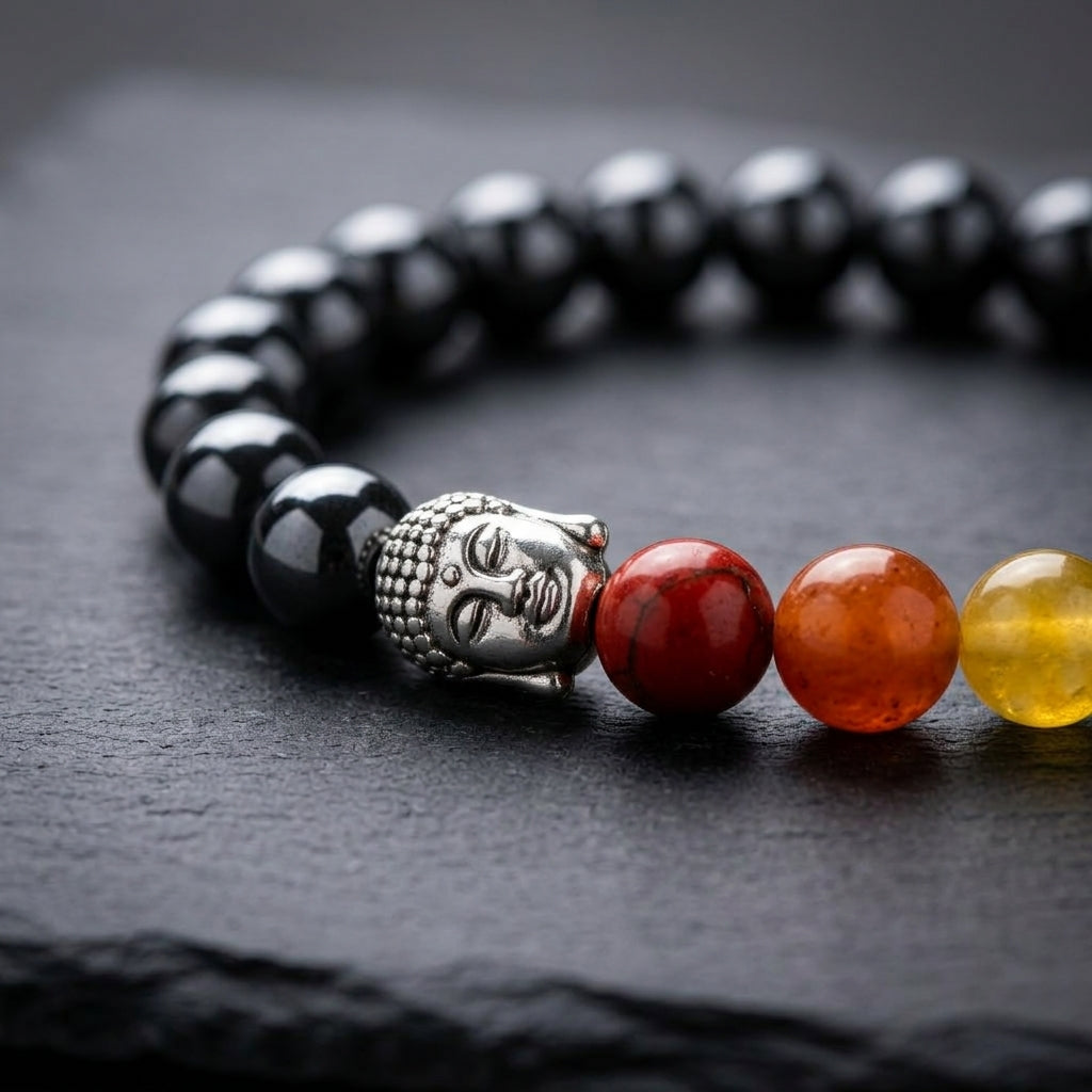 Natural Hematite 7 Chakra Buddha Bracelet | Genuine Shiny Gunmetal Grounding Beads with Silver Buddha Head | Unisex Spiritual Jewelry for Protection, Focus, & Balance