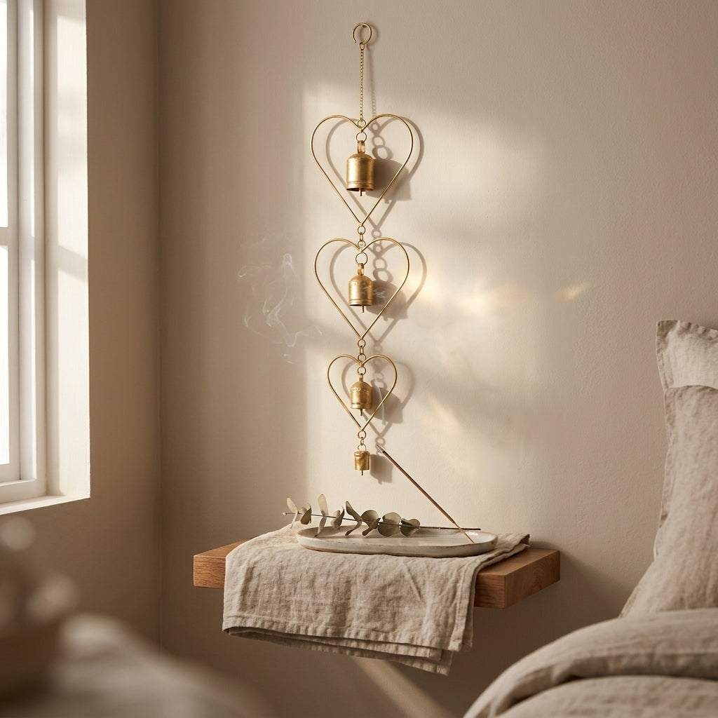 3-Tier Vintage Brass Heart Hoop Wind Chime – Rustic Bell Hanging