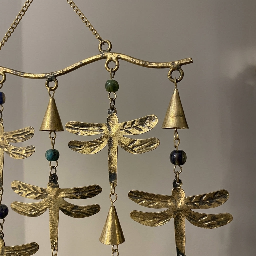 Handcrafted Brass Dragonfly Cascade Wind Chime – Rustic Nature Wall Hanging