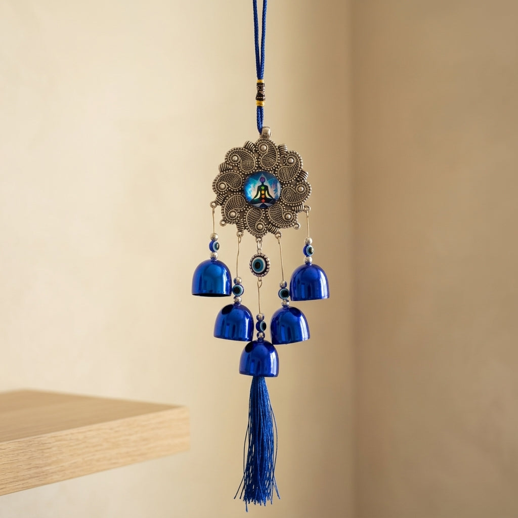 7 Chakra Meditation & Paisley Filigree Evil Eye Wall Hanging Wind Chime | Blue Metallic Bells