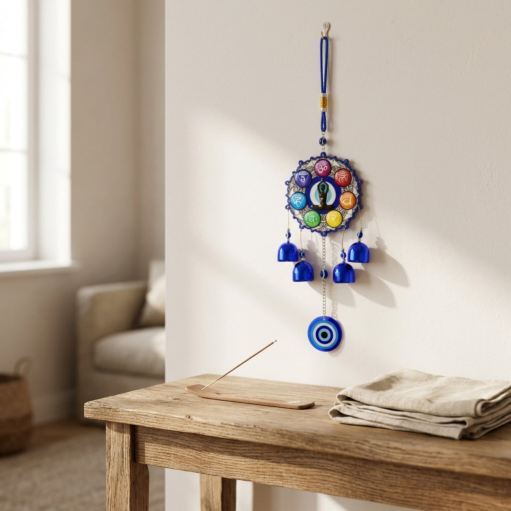 7 Chakra Symbols & Meditating Figure Evil Eye Wind Chime | Sacred Geometry Wall Hanging