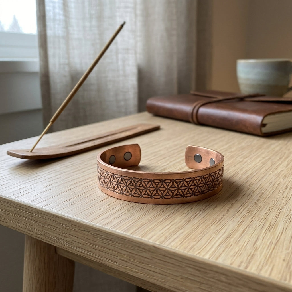 Flower of Life Engraved Magnetic Copper Cuff Bracelet
