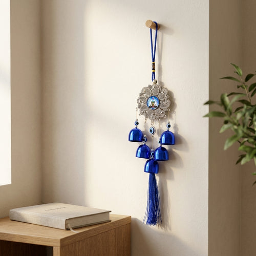 7 Chakra Meditation & Paisley Filigree Evil Eye Wall Hanging Wind Chime | Blue Metallic Bells