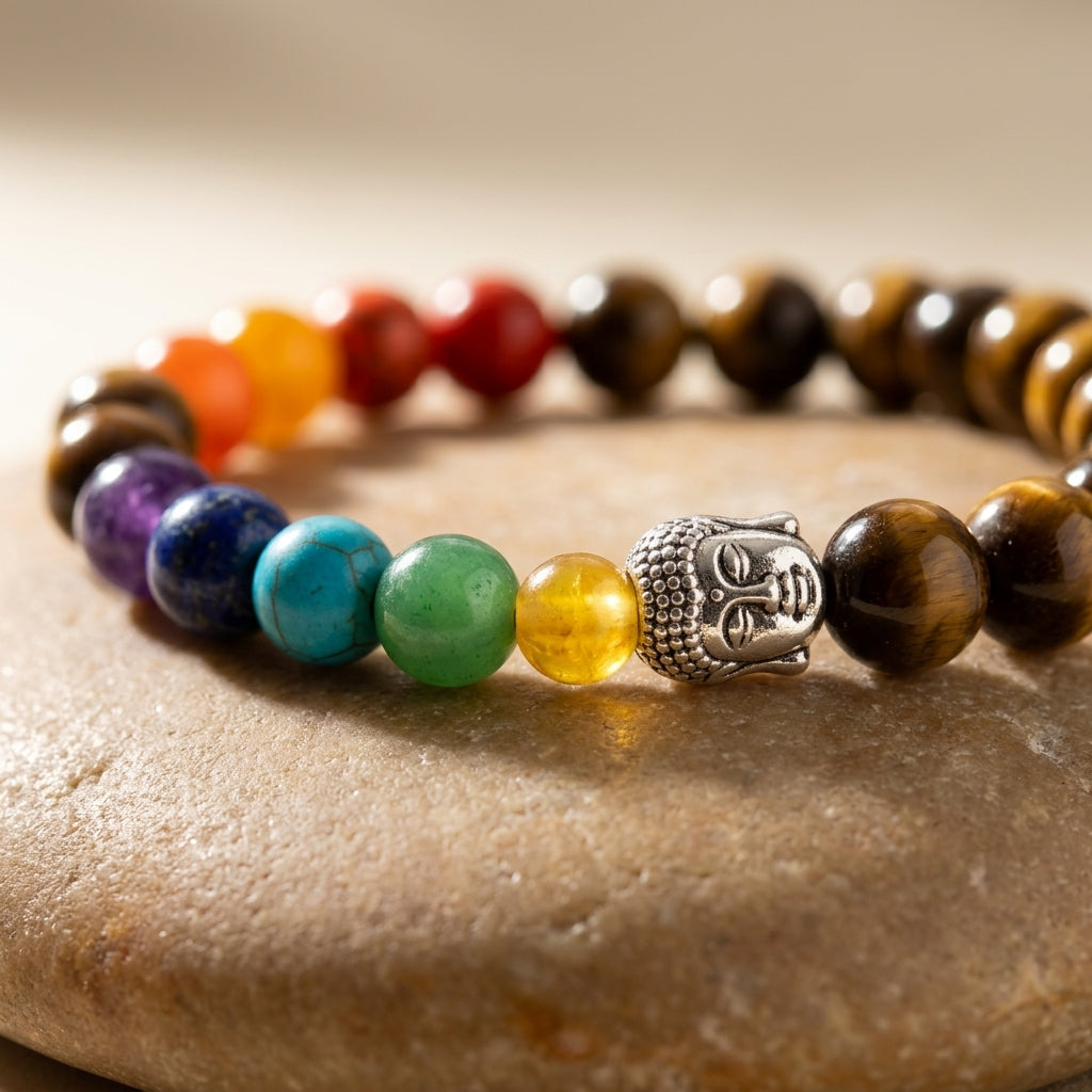 Natural Tiger's Eye 7 Chakra Buddha Bracelet | Genuine Healing Gemstone Beads with Silver Buddha Head | Unisex Spiritual Jewelry for Protection, Balance, & Mindful Yoga
