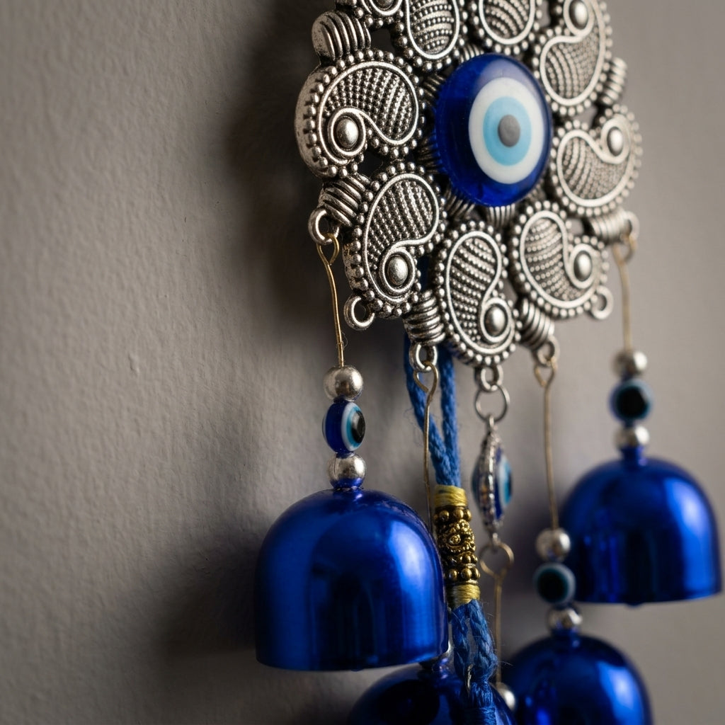 Boho Sacred Geometry Evil Eye Door Hanging | Silver Filigree Chime with Blue Bells