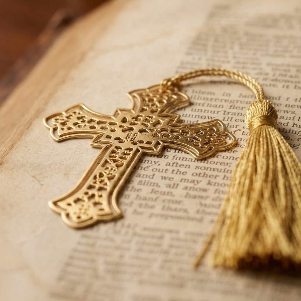 Elegant Gold Metal Cross Bookmark with Tassel