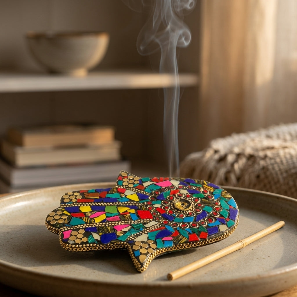 Mosaic Hamsa Hand Incense Holder – Multicolor Kaleidoscope Spiritual Decor