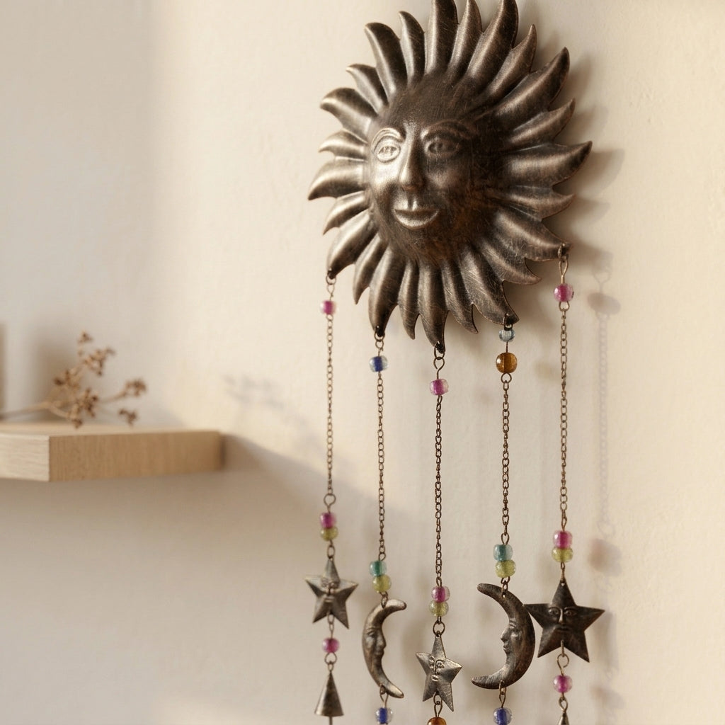Boho Celestial Metal Wall Hanging Wind Chime with Bells | Indoor Outdoor Garden Decor