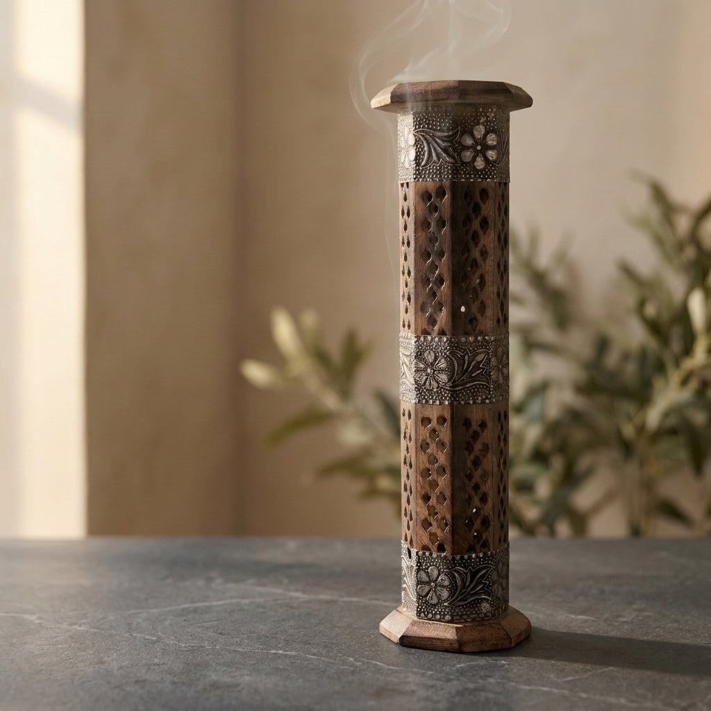 Handcrafted Wooden Incense Tower Burner with Floral Metal Inlays