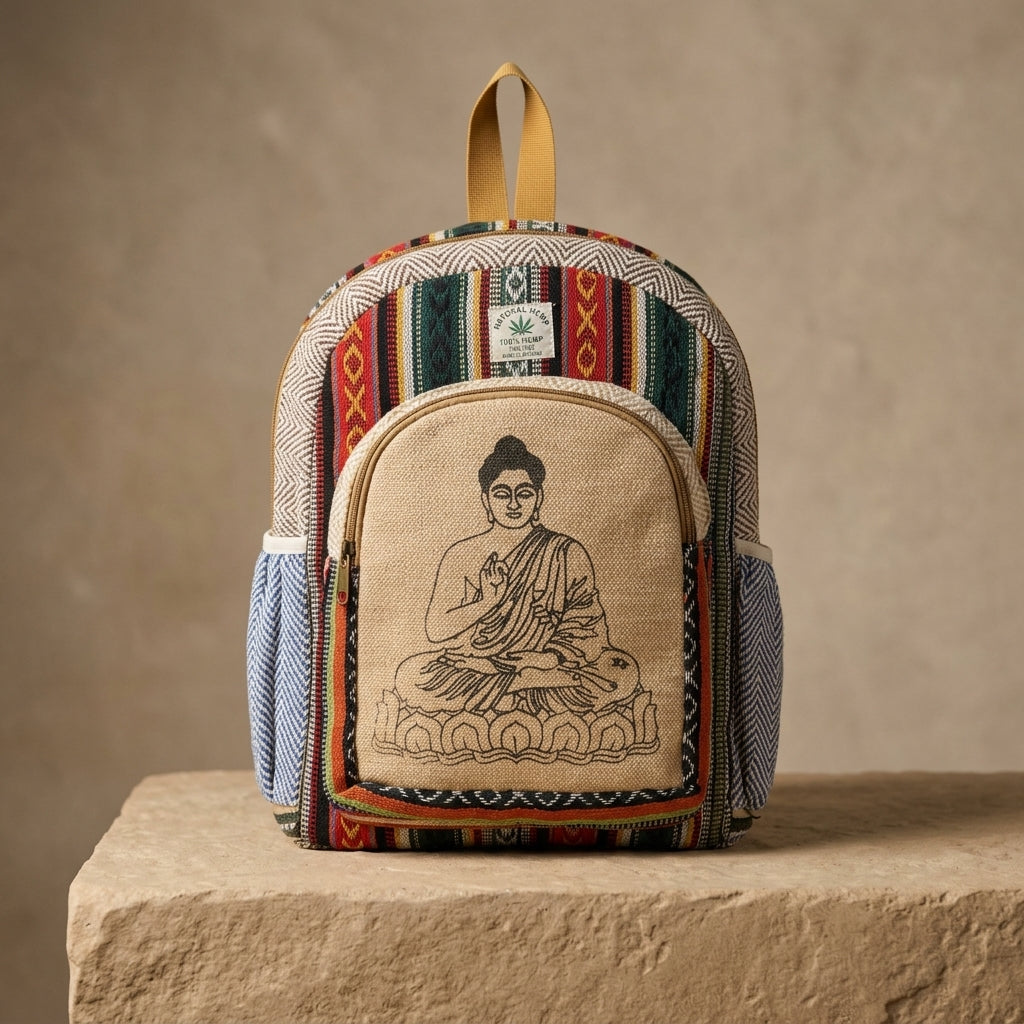 Boho Buddha Hemp Backpack | Eco-Friendly Woven Daypack