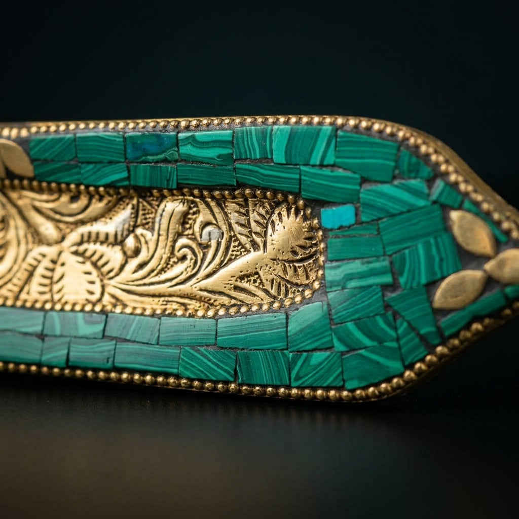 Mosaic Buddha Incense Boat Holder – Malachite Green & Gold Sacred Decor