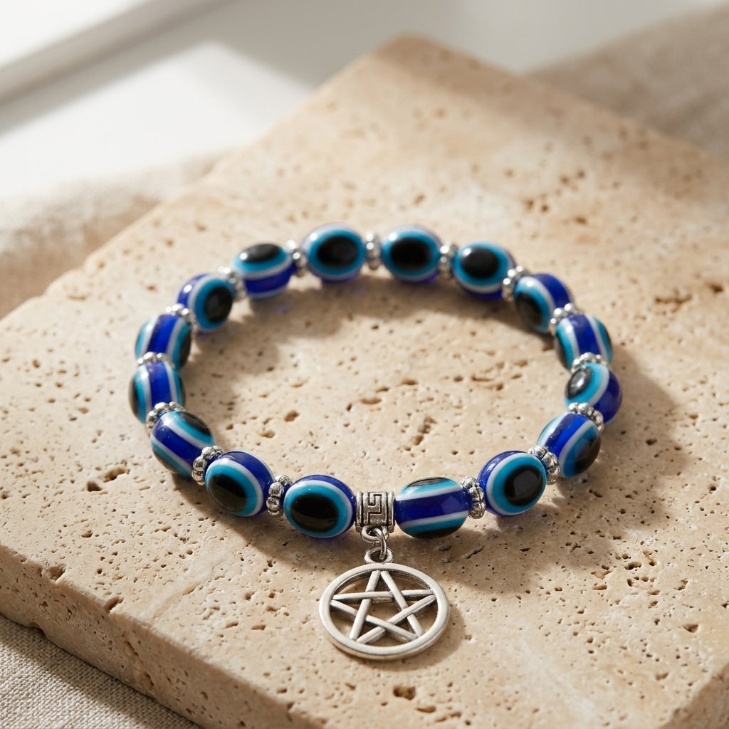 Handmade Blue Evil Eye & Pentacle Charm Beaded Bracelet | Wiccan, Pagan & Protection Jewelry