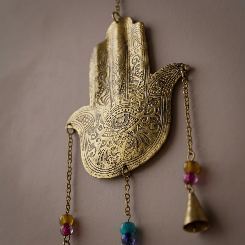Gold Hamsa Hand Wall Hanging with Bells & Beads | Protective Boho Decor