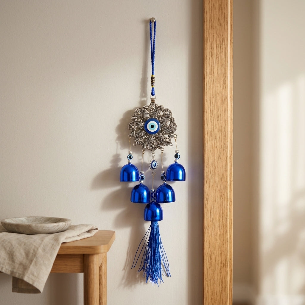 Boho Sacred Geometry Evil Eye Door Hanging | Silver Filigree Chime with Blue Bells