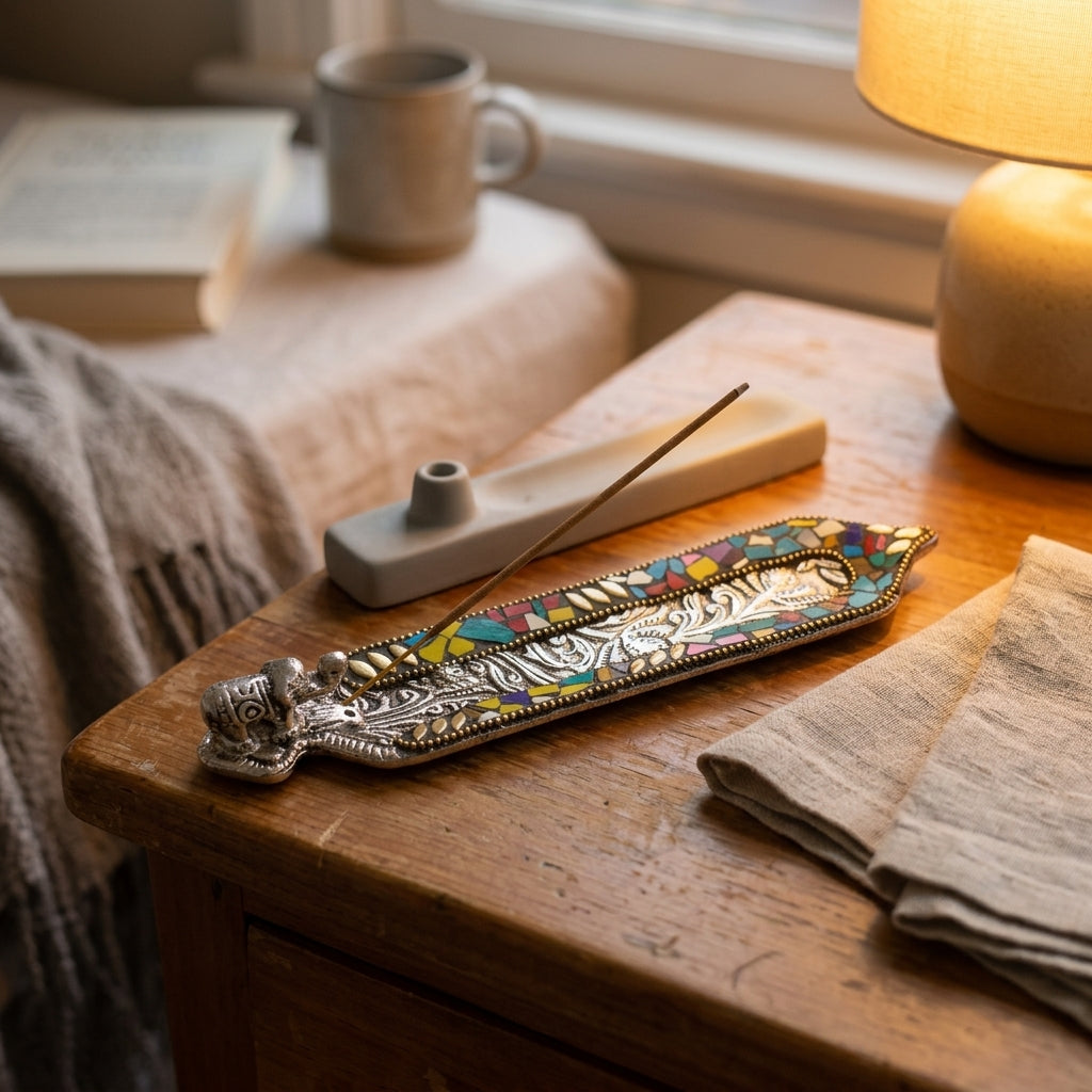 Royal Elephant Mosaic Incense Holder – Handcrafted Silver & Multi-Stone Burner