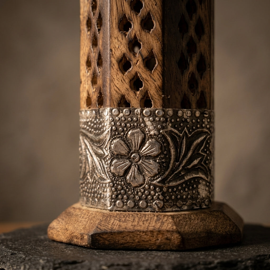 Handcrafted Wooden Incense Tower Burner with Floral Metal Inlays