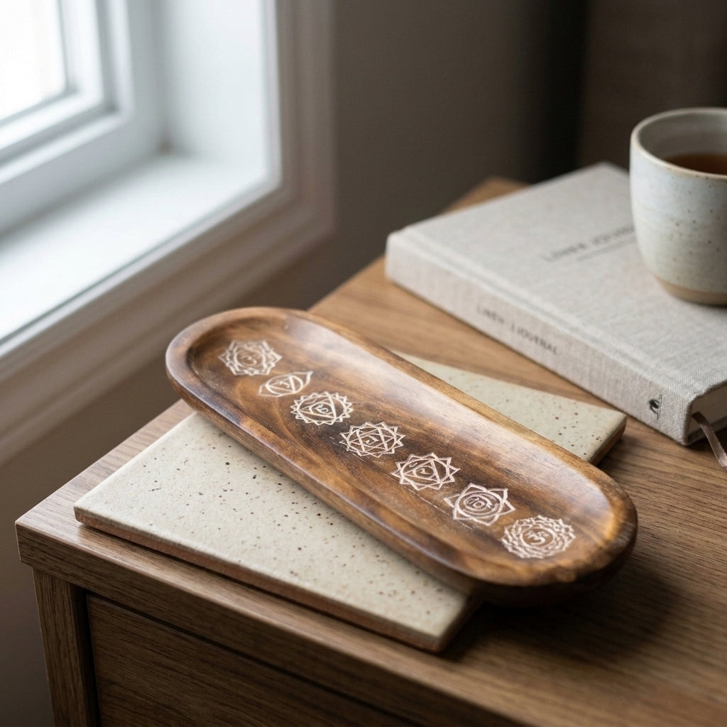 Handcarved 7 Chakra Symbols Wooden Incense Burner Tray | Dual Stick & Smudge Ash Catcher