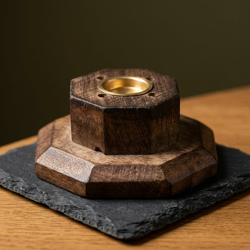 Handcrafted Wooden Incense Tower Burner with Floral Metal Inlays