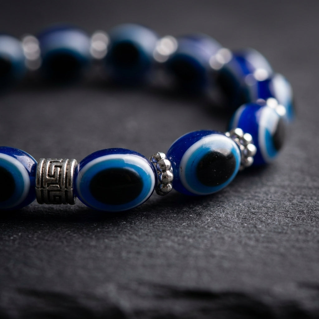 Handmade Blue Evil Eye & Pentacle Charm Beaded Bracelet | Wiccan, Pagan & Protection Jewelry