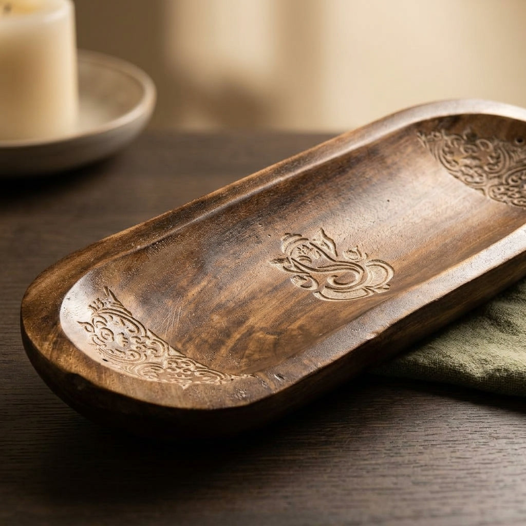 Handcrafted Ganesha Wooden Incense Holder Tray | Carved Wood Ash Catcher with White Embossed Floral Details