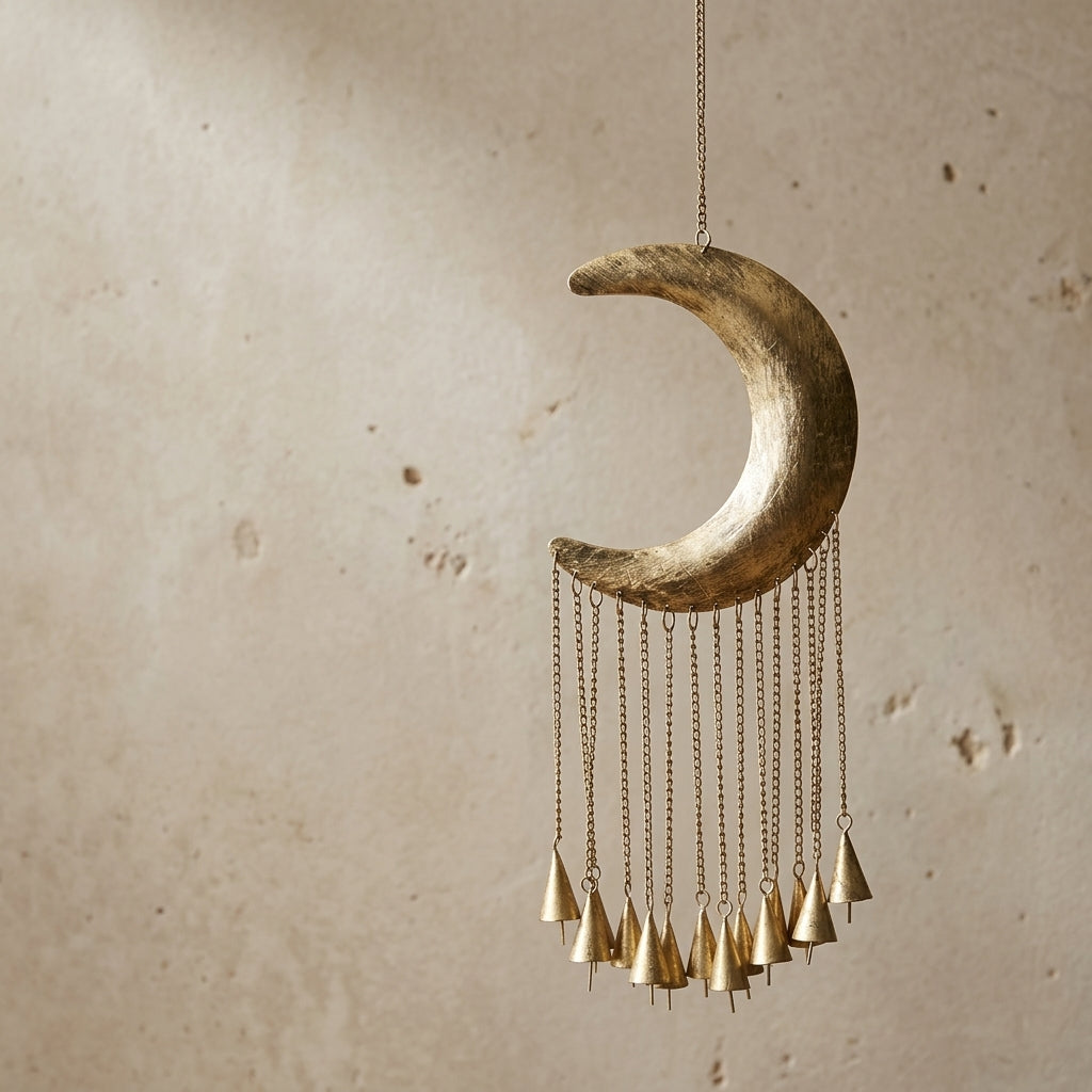 Golden Crescent Moon Chime Wall Hanging