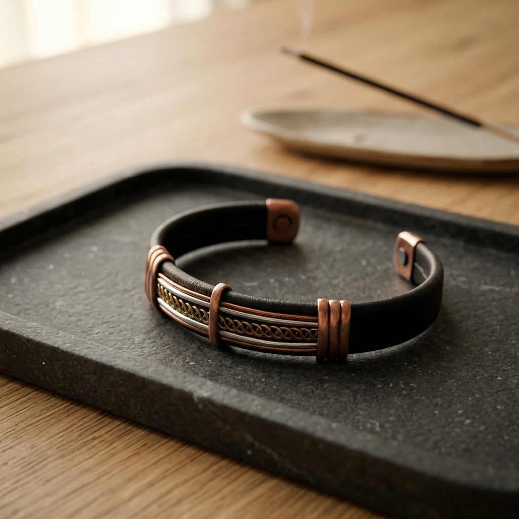 Artisan Mixed Metal Copper & Leather Magnetic Cuff