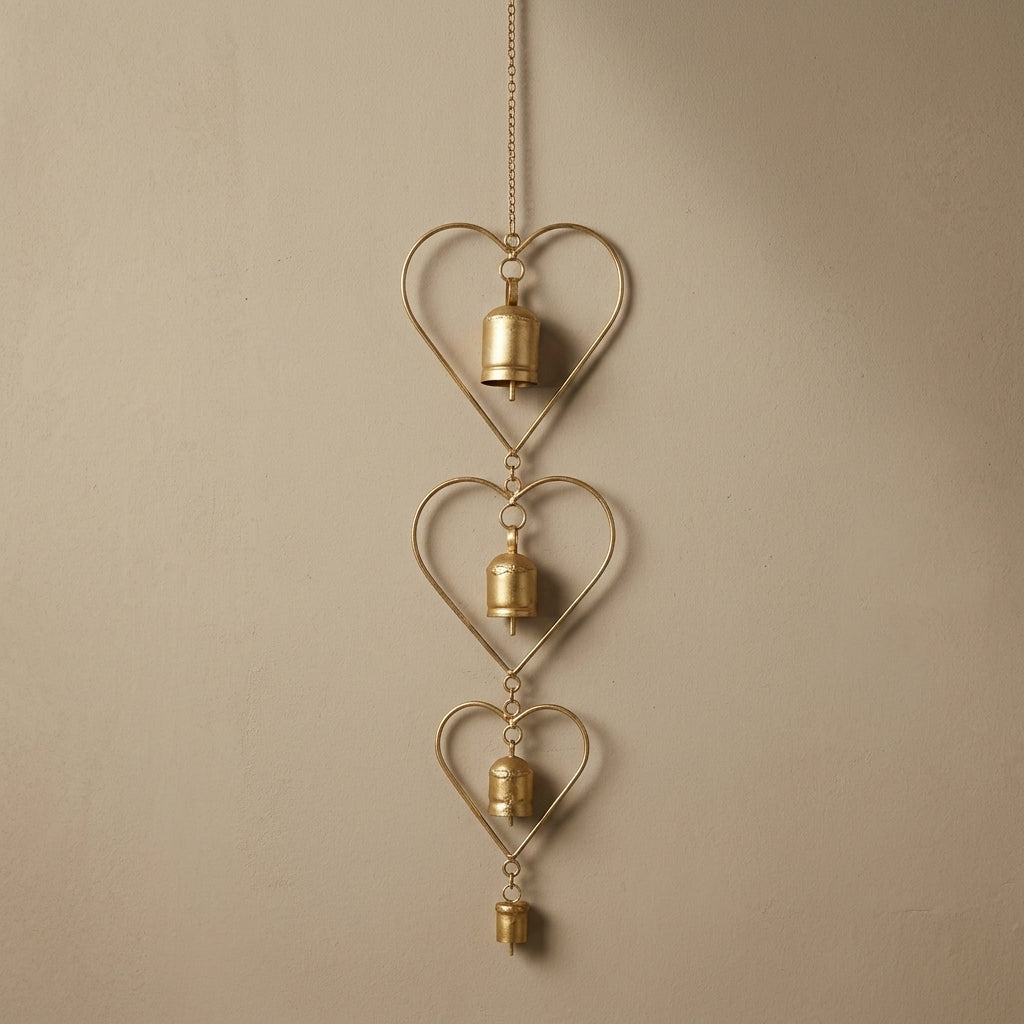 3-Tier Vintage Brass Heart Hoop Wind Chime – Rustic Bell Hanging