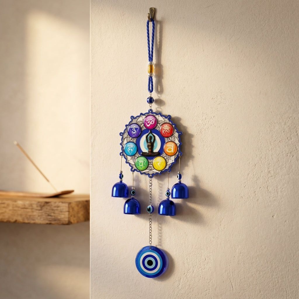 7 Chakra Symbols & Meditating Figure Evil Eye Wind Chime | Sacred Geometry Wall Hanging