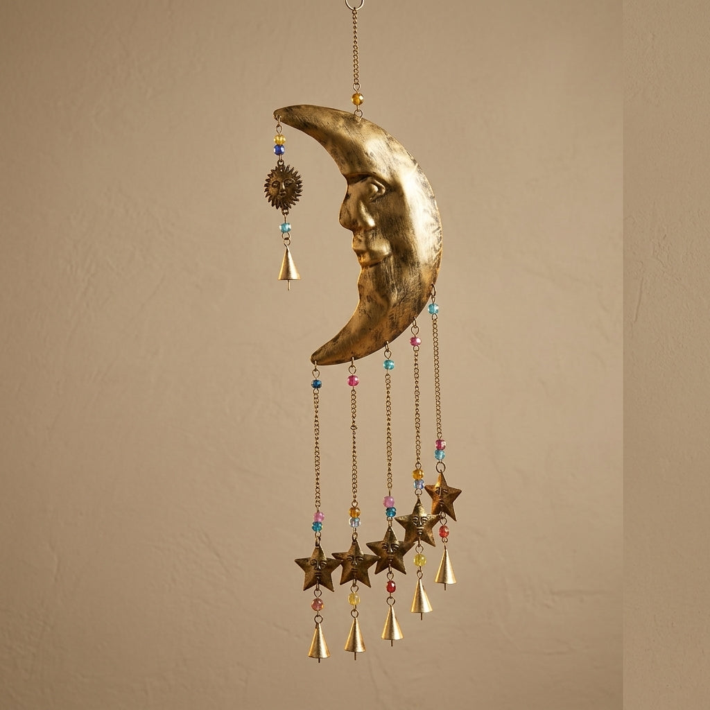 Celestial Harmony Brass Moon Chime Wall Hanging