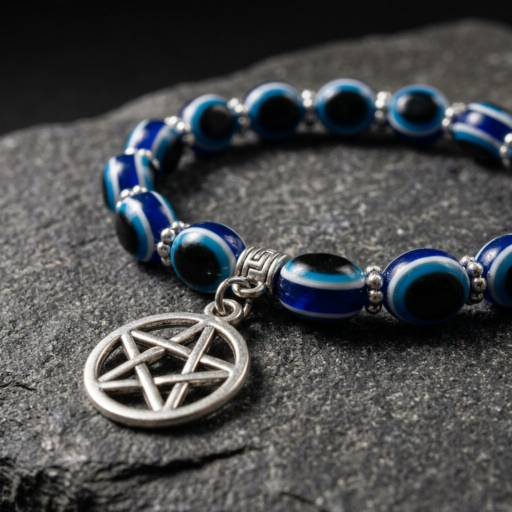 Handmade Blue Evil Eye & Pentacle Charm Beaded Bracelet | Wiccan, Pagan & Protection Jewelry